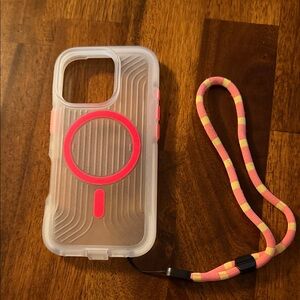 Transparent Pink Tech 21 iPhone 16 pro Case with Strap